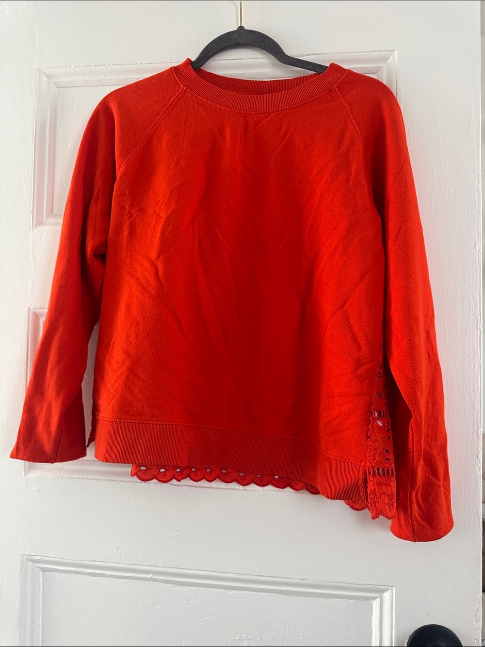 J. Crew Bright Red Crewneck Sweatshirt with Lace Hem